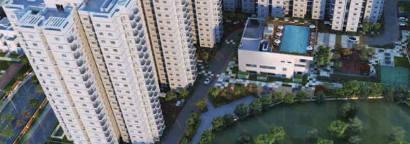 Shriram 122 West – aerial view of the towers, clubhouse and green surroundings (artist's impression)