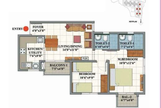 Shriram 122 West 2 BHK + 2T floor plan (Types 1 & 5)