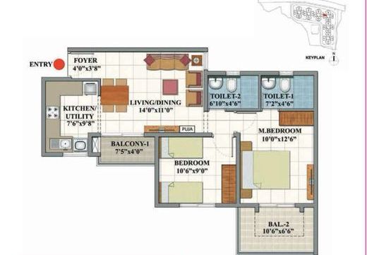 Shriram 122 West 2 BHK + 2T floor plan (Type 5A, with open terrace)
