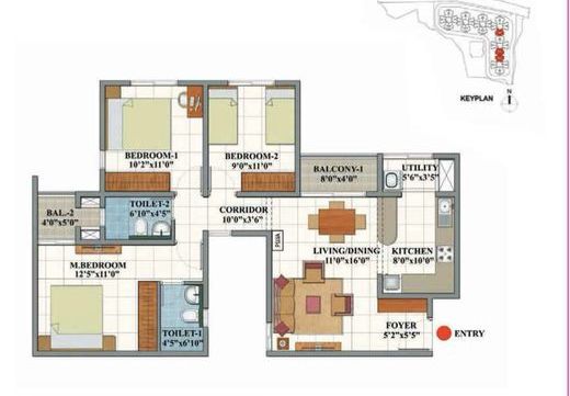 Shriram 122 West 3 BHK + 2T floor plan (Types 2 & 2A)
