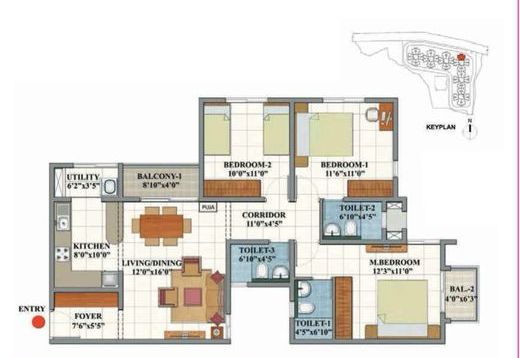 Shriram 122 West 3 BHK + 3T floor plan (Types 1, 3, 3A & 4)