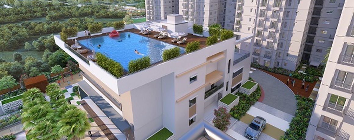Shriram 122 West – View of the clubhouse and rooftop pool from a tower balcony (artist's impression)